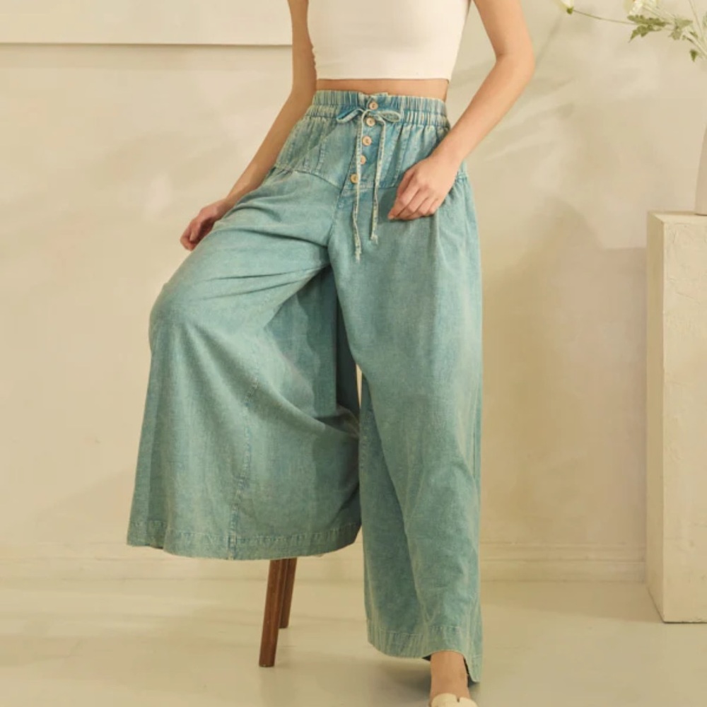🌺Clearance! Last One! Oli & Hali Women's Linen Teal Wide-Leg Pants - Picture 4 of 6